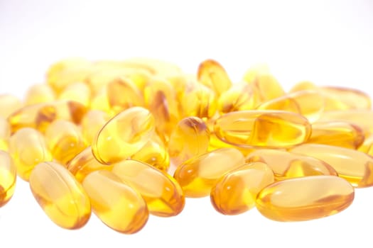 Cod liver oil omega 3 gel capsules isolated on white background