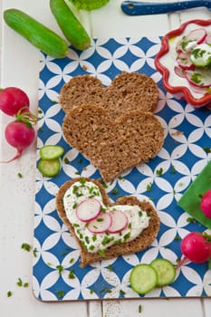 Wholemeal bread with kraeuterquark ,fresh radishes and cucumber