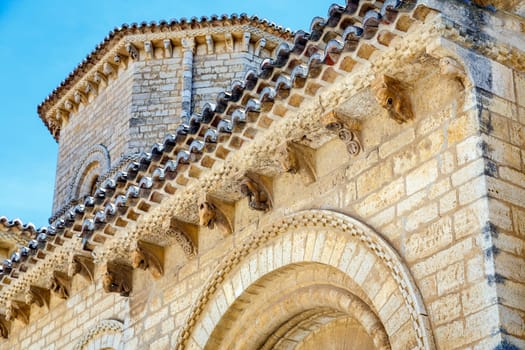 Detail eave corbels St. Martin Church, in Romanesque style in Fromista, Palencia, Castilla y Leon, Spain