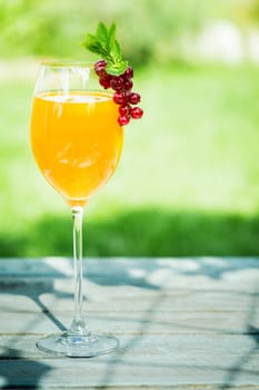 Stylish glass of orange and champagne cocktail to celebrate a special occasion garnished with delicious red currants standing on a sunny table in the garden on a summer day