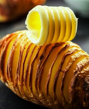 Healthy sliced baked potato cooked with the jacket on in foil and served topped with a creamy butter curl on a dark background, close up view
