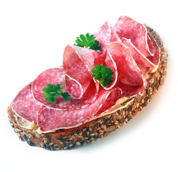 Healthy sandwich with salami and whole grain bread