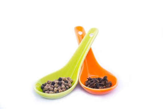 Pepper grains and cloves in two ceramic spoons
