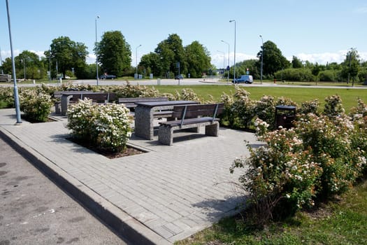 resting place with table and benches at the petrol station