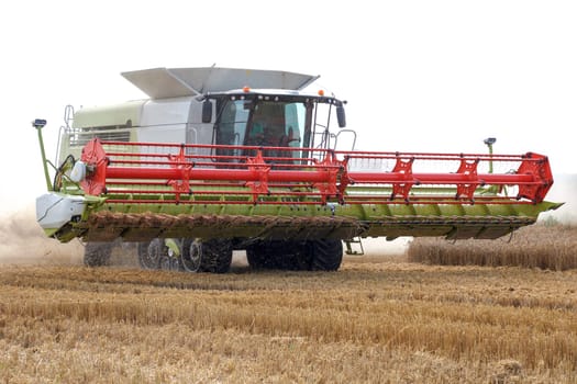 The combine mows wheat in a field