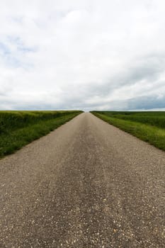 Road to nowhere,asphalt cuts through the landscape with horizon