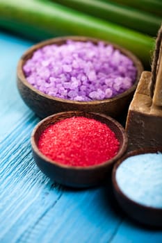 Spa, sea salt in wooden bowl