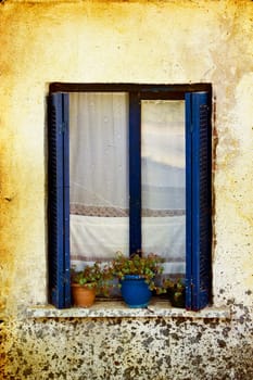 Decorative vintage window with colorful plants in pots