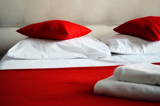 Double bed in hotel room. Accommodation