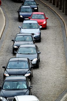 Cars in traffic jam on the one way street