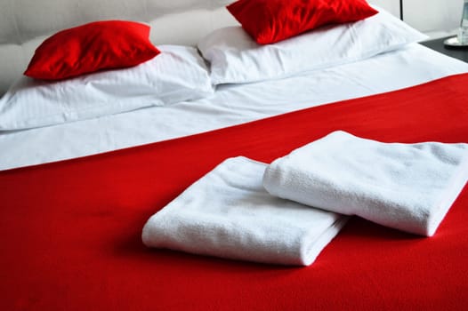 Double bed in hotel room. Accommodation