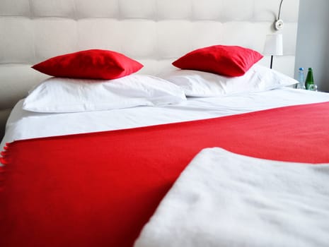 Double bed in hotel room. Accommodation