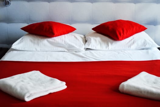 Double bed in hotel room. Accommodation