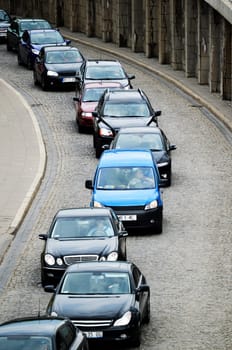 Cars in traffic jam on the one way street