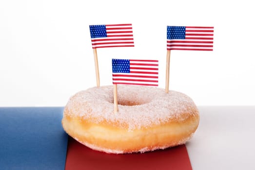 One Donut with three American Flags on Top, Isolated