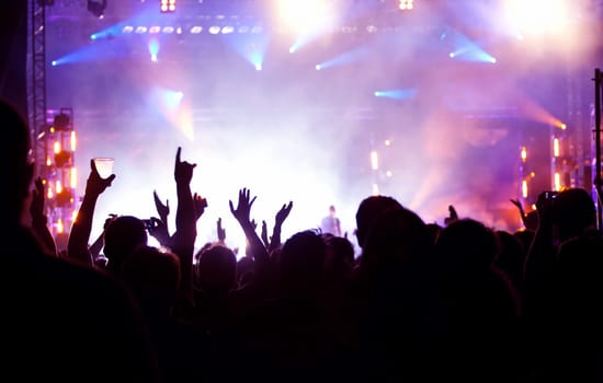 Cheering crowd in front of bright colorful stage lights