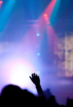 Cheering crowd in front of bright colorful stage lights