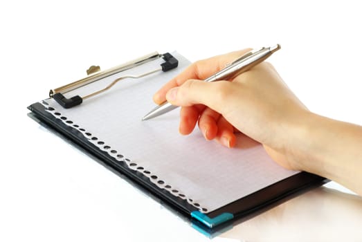 Hand and pen on the white background