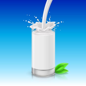 Pouring milk into glass with splashes, green leavesnearby. Illustration against blue background. Organic product