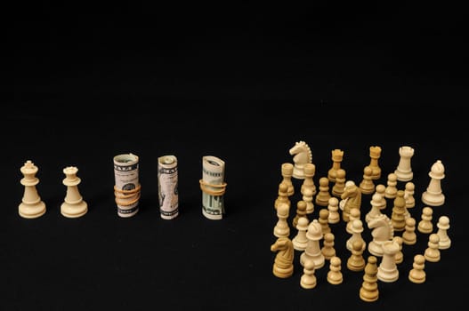 Money Strategy Concept White Chess and Currency on a Black Background
