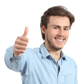 Happy man with white teeth smiling with thumbs up isolated on a white background