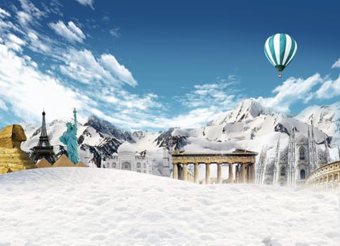 World landmarks among the mountain with snow and hot air balloon flying in the sky