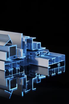 many different aluminium profile strips in blue spotlight
