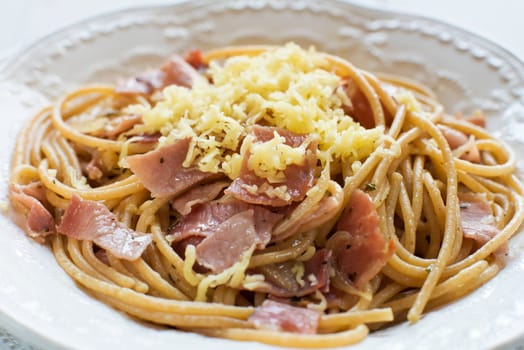 Prosciutto pasta with parmesan close up shoot