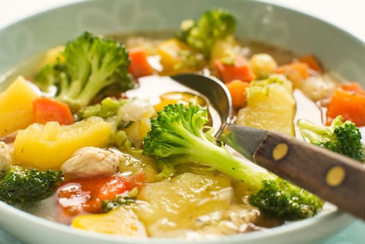 Hot chicken stew with vegetables close up