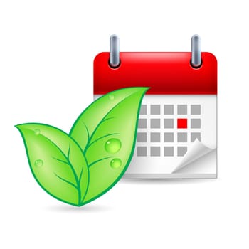 Green leaves and calendar with marked day. Eco event icon