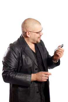 Man surprised looking at his phone on a white background