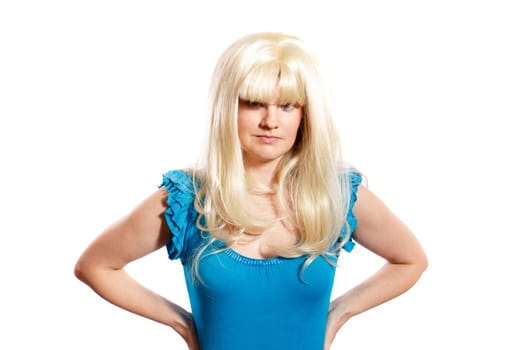 woman with a blond wig on a white background