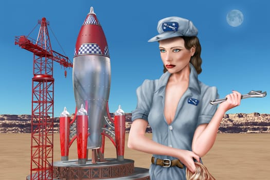 Rocket scientist standing by her retro space rocket