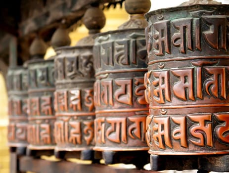 Prayer wheels at swayambhunath monkey temple in Kathmandu, Nepal