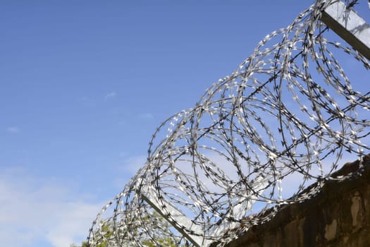 Barbed wire on a wall to protect against burglars