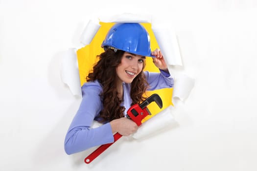 Female builder coming through picture