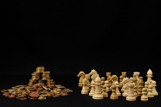 Money Strategy Concept White Chess and Currency on a Black Background