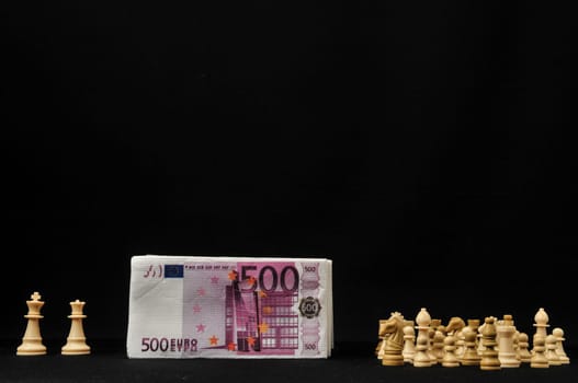 Money Strategy Concept White Chess and Currency on a Black Background