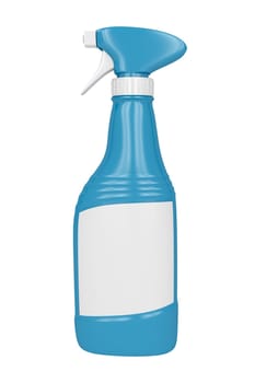 Blue spray bottle with empty label on white background