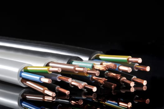 Macro detail of various stripped power cables