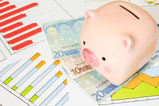 Piggy bank and Euro currency on the printed out business charts