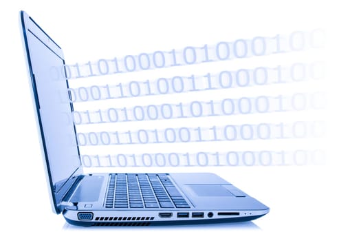 Computer technology concept. Program code coming out from laptop, isolated on white background