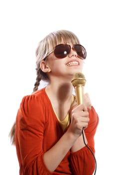 girl sings emotionally into the microphone on a white background