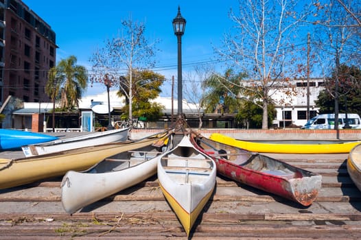 Parking of personal vehicles in El Tigre, a town in the delta of the Rio de la Plata, province of Buenos Aires, Argentina