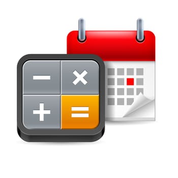 Calculator and calendar with marked day on white background