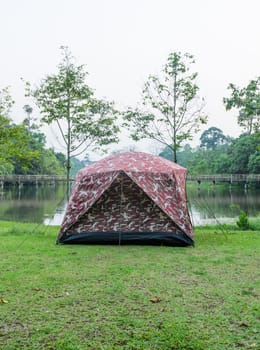 Camping tent by lake