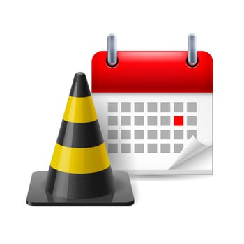 Traffic pylon and calendar with marked day on white background