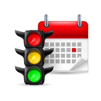 Traffic lights and calendar with marked day on white background. Road safety day