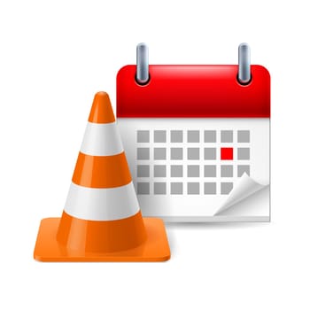 Traffic cone and calendar with marked day on white background