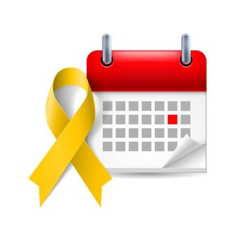 Yellow awareness ribbon and calendar with marked day. Bone cancer and troops support symbol